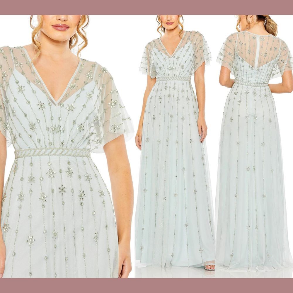 NEW Mac Duggal [ 12 ] V Neck Embellished Flutter Sleeve A Line Gown in Mist Q818